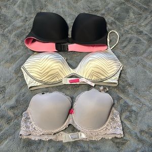 3pk of Victoria Secret Bras - black gray and zebra gray